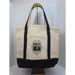Frye Company Canvas Tote Bag‎ Cream Black Logo Graphic Large Travel Market Bag